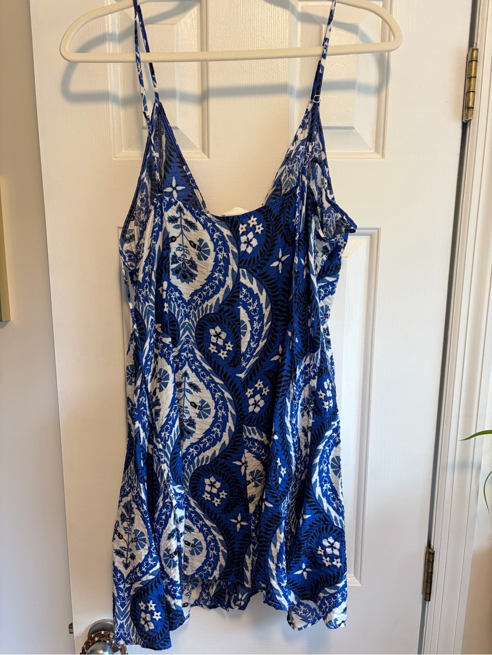 H&M Blue and White Printed Spaghetti-Strap Mini Dress